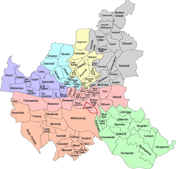 Geographische Lage der Veddel in Gesamthamburg